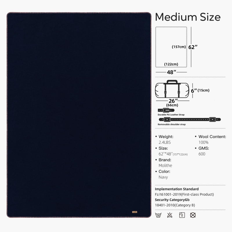 Molithe 100% Wool Blanket, 48" x 62", Warm, Thick, Washable, Military Wool Blanket, Great for Camping, Outdoors, Sporting Events, Survival Kitsï¼ŒNavy - Image 3