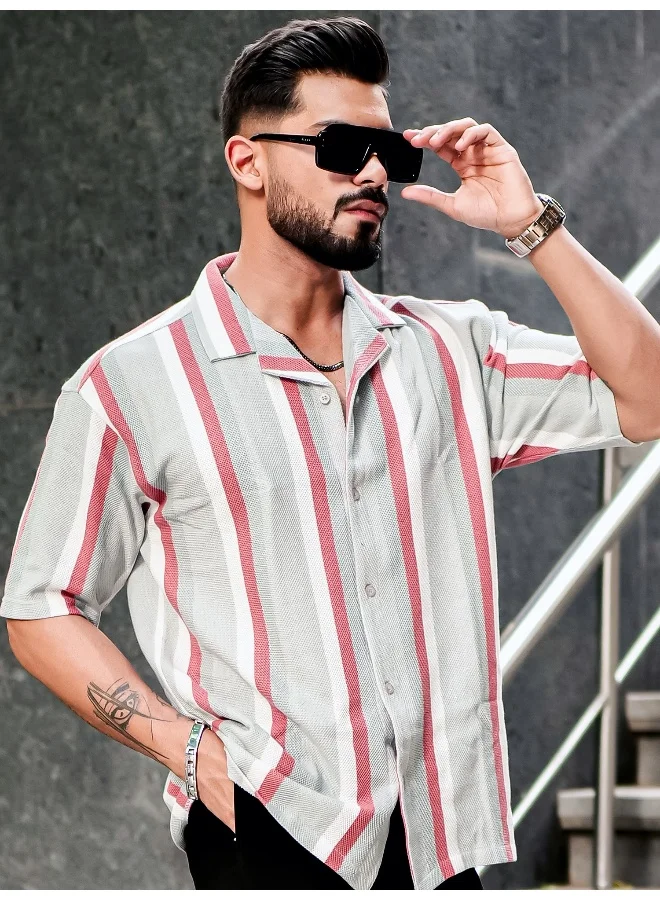 مانياك قميص رجالي بأكمام ثلاثة أرباع مخطط روماني ونسيج سيلفر جراي هانيكومب