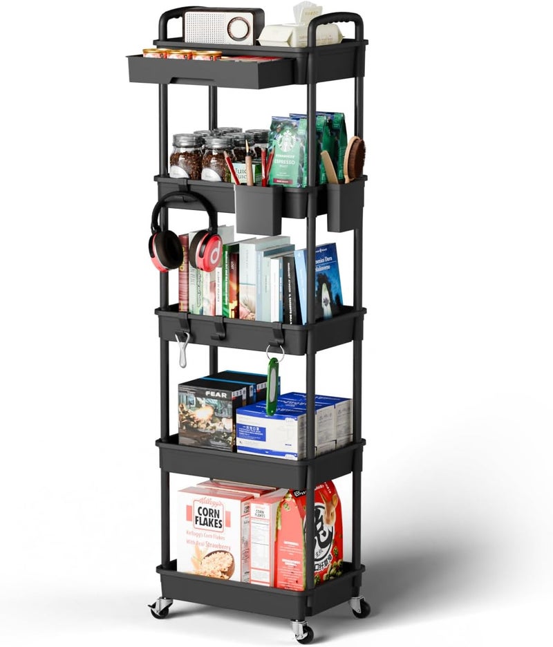 Sorgion 5 Tier Rolling Cart Organizer,Bathroom Cart Organizers with Wheels Laundry Room Organization Mobile Shelving Unit Utility Cart Storage Shelves Multi-Functional for Office, Home(Black) - Image 1