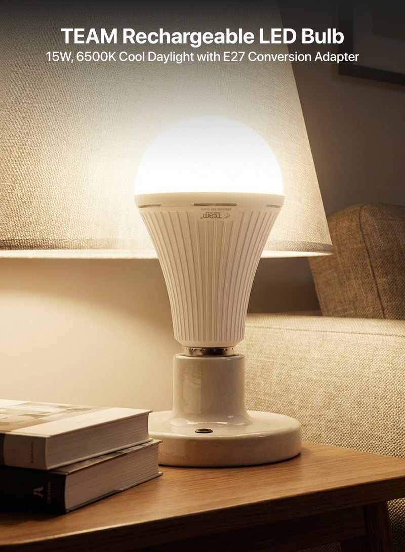 TEAM Rechargeable LED Bulb 15W | 6500K Cool Daylight | Emergency Light with Built-in Battery | Includes E27 Conversion Adapter - Image 2