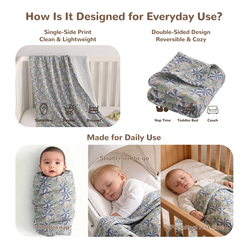 NTBAY Muslin Toddler Blanket, 4-Layer, 30x40 Soft and Breathable Receiving Blanket for Newborns and Infants, Crib Stroller Travel Use, Retro Floral Botanical - Image 3