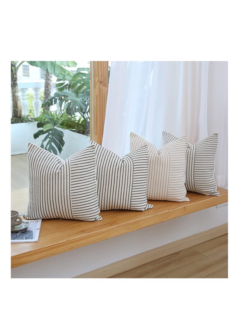 SOLARAE Grey and Beige Patchwork Farmhouse Throw Pillow Covers 18 x 18 Inch, Pack of 4 Striped Linen Decorative Pillow Case for Sofa Couch Chair Bedroom Modern Decor(Grey) - Image 5