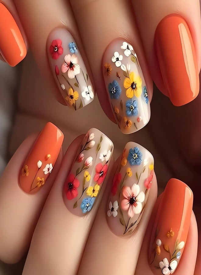 SINSEN Short Spring Fake Nails Square Flower Press on Nails - SINSEN 24Pcs False Nails with Full Cover Small Flowers Designs Cute Acrylic Nails Press ons Spring Summer Glue on Nails Stick on Nails for Women - Image 1