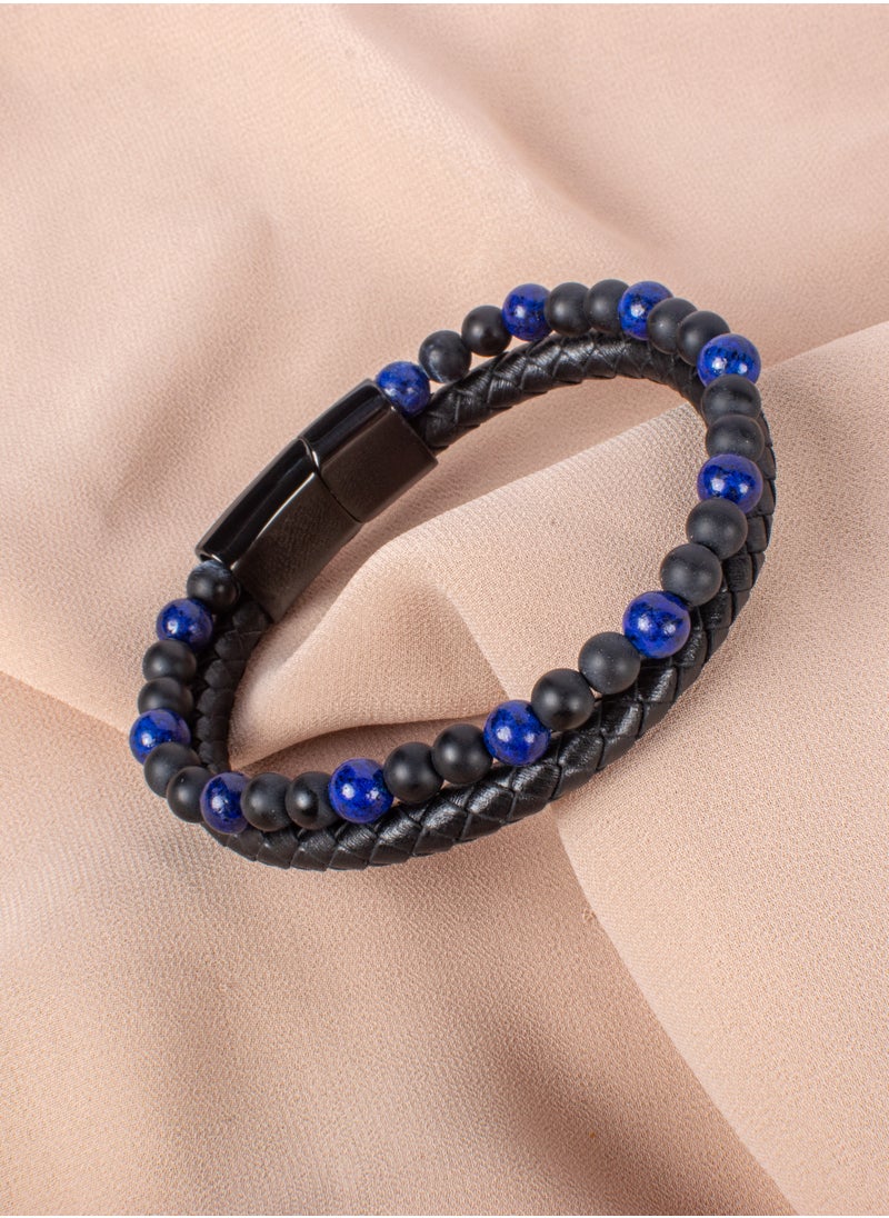 The Black Pearl Accessories - 2 Layers Black Blue Leather Stainless Steel Bracelet For Him - Image 1
