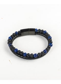 2 Layers Black Blue Leather Stainless Steel Bracelet For Him
