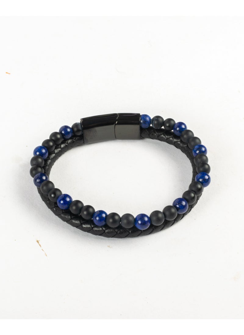 The Black Pearl Accessories - 2 Layers Black Blue Leather Stainless Steel Bracelet For Him - Image 1