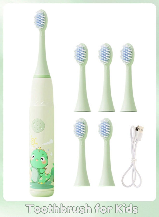 شاربدو فرشاة أسنان كهربائية سونيك قابلة لإعادة الشحن للأطفال مع مؤقت ، 6 رؤوس فرشاة ، ديناصور ، أخضر - Image 1