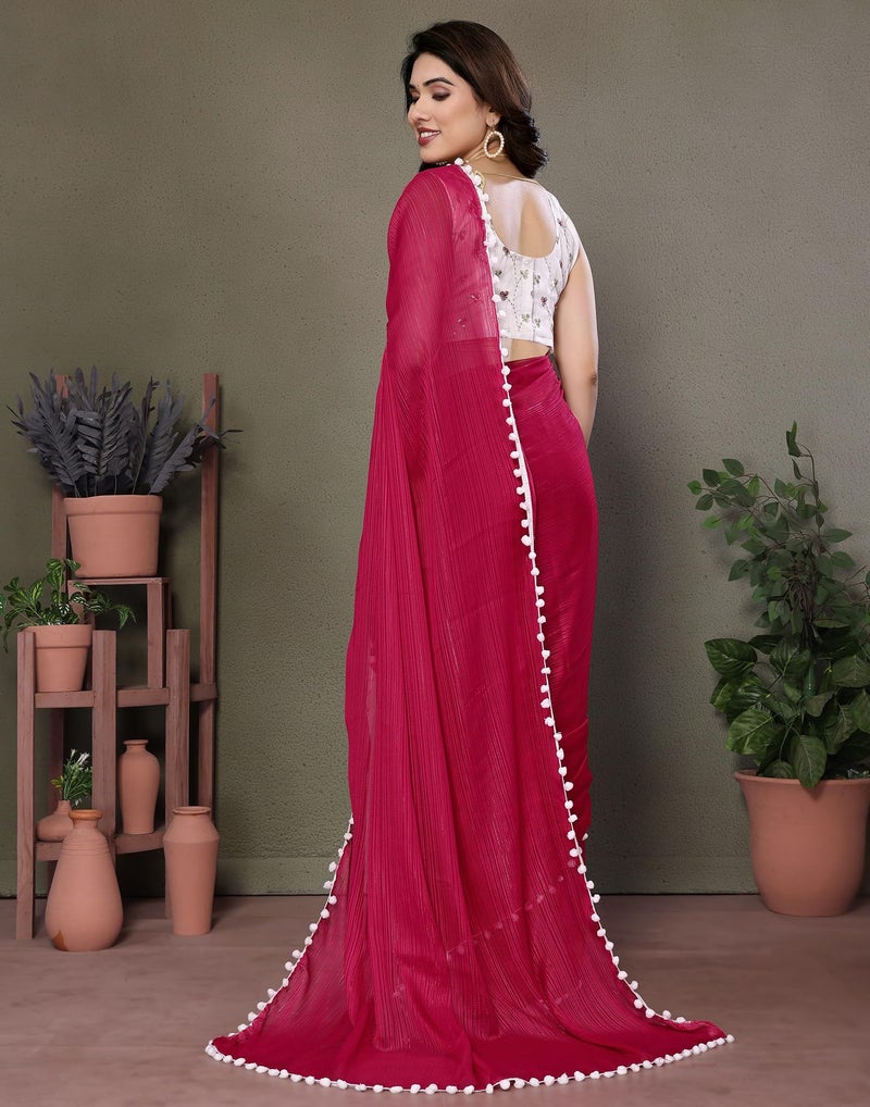 SIRIL Women's Chiffon Self Woven Saree with Unstitched Blouse Piece (4259S701_Pink) - Image 3