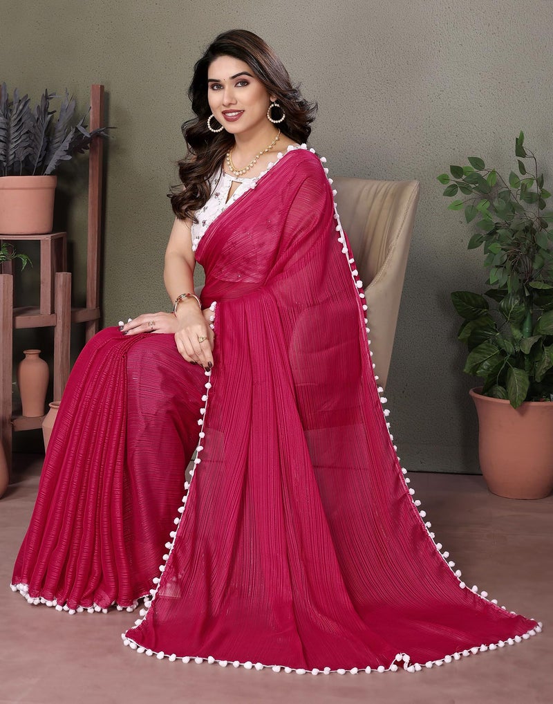 SIRIL Women's Chiffon Self Woven Saree with Unstitched Blouse Piece (4259S701_Pink) - Image 4