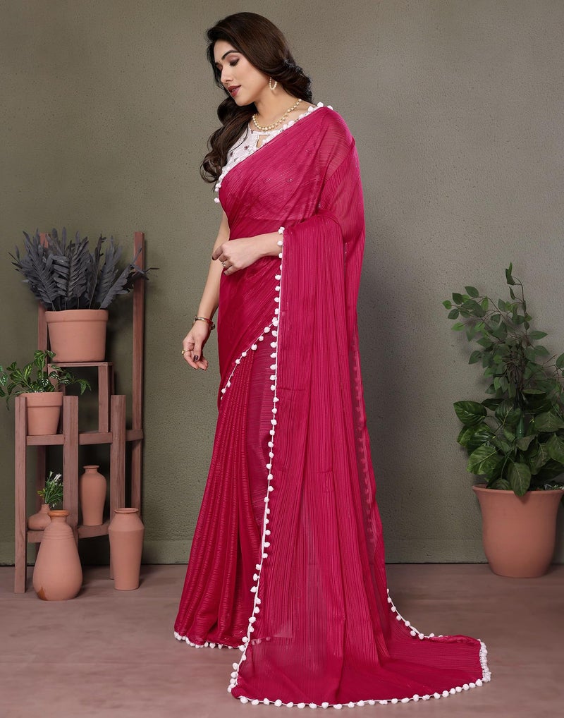 SIRIL Women's Chiffon Self Woven Saree with Unstitched Blouse Piece (4259S701_Pink) - Image 2
