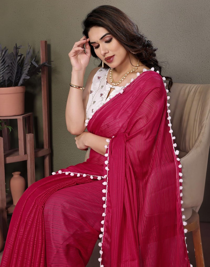 SIRIL Women's Chiffon Self Woven Saree with Unstitched Blouse Piece (4259S701_Pink) - Image 5