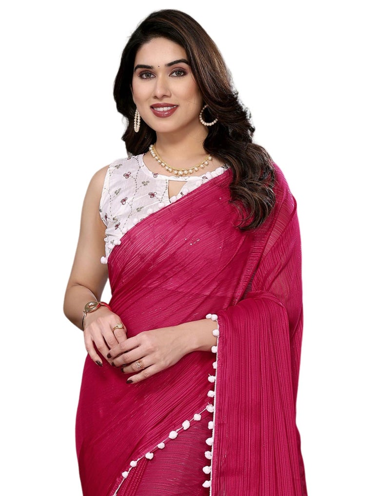 SIRIL Women's Chiffon Self Woven Saree with Unstitched Blouse Piece (4259S701_Pink) - Image 1