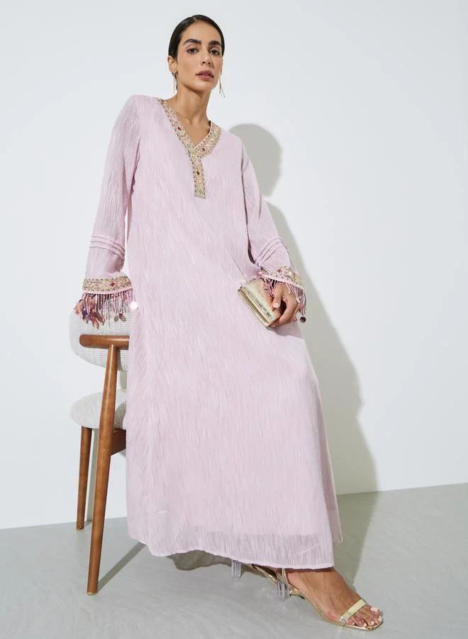 ستايلي Pink Embellished Trim Jalabiya