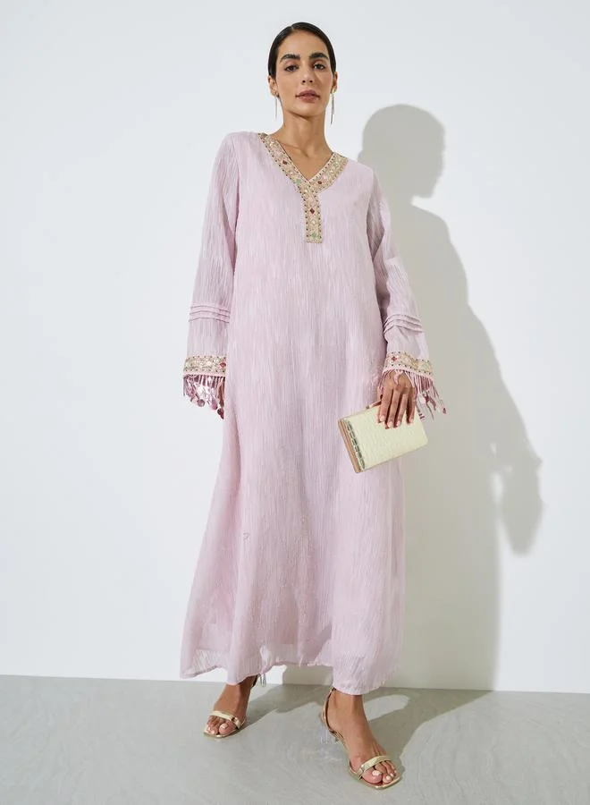 ستايلي Pink Embellished Trim Jalabiya