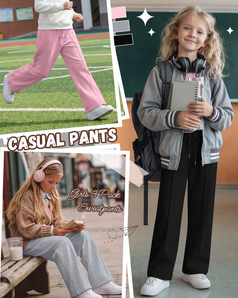 LessonZoo 3 Pack Girls Wide Leg Sweatpants Drawstring Baggy Pants Teen Girls Athletic Joggers Pants with Pockets 5-14Y(Pink, Light Heather Gray, Black,13-14 Years) - Image 4