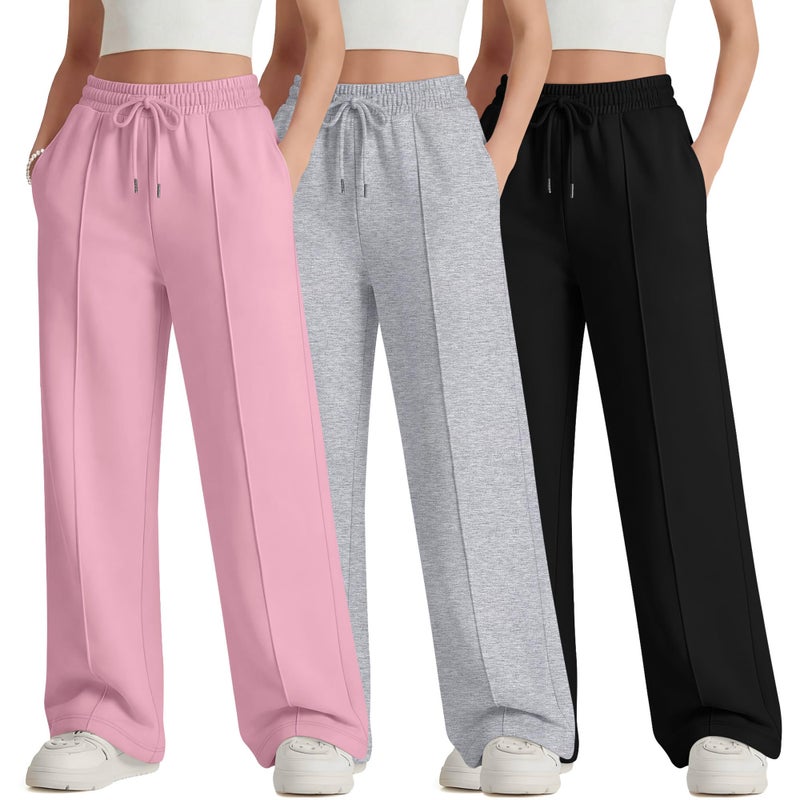 LessonZoo 3 Pack Girls Wide Leg Sweatpants Drawstring Baggy Pants Teen Girls Athletic Joggers Pants with Pockets 5-14Y(Pink, Light Heather Gray, Black,13-14 Years) - Image 1