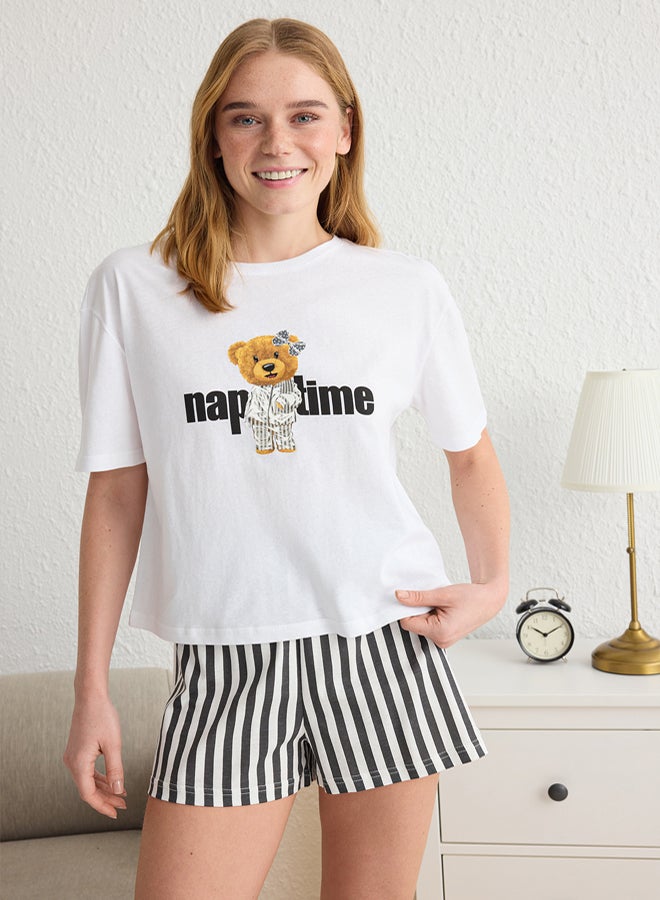 trendyol Women Couple/Double Ecru 100% Cotton Teddy Bear Striped Knitted Pajama Set THMSS24PT00175 - Image 2