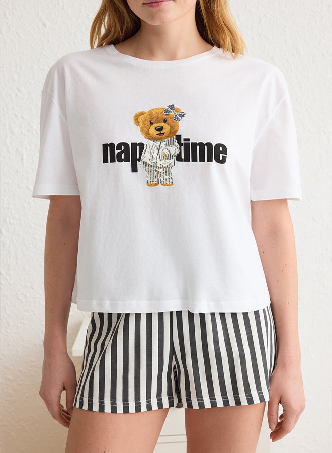 trendyol Women Couple/Double Ecru 100% Cotton Teddy Bear Striped Knitted Pajama Set THMSS24PT00175 - Image 4