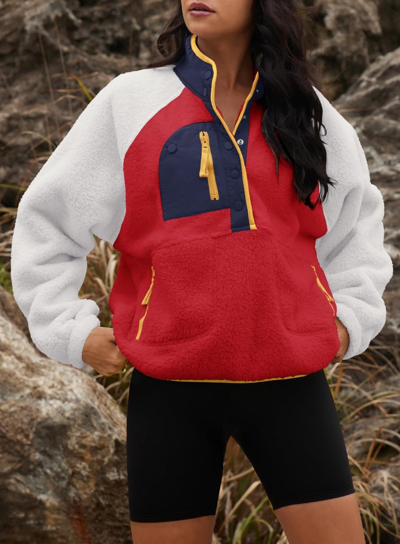Yanekop Fleece Pullover Women Oversized Button Down Sweatshirts Cozy Fall Sweaters Long Sleeve V Neck Sweaters(White Red Mixed,S) - Image 5