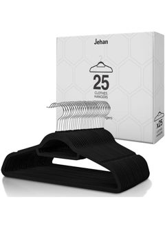 جيهان شماعات المخمل غير قابلة للانزلاق، 25 حبة، مجموعة شماعات توفير المساحة مع خطاف دوار بزاوية 360 درجة، شماعات قوية لتعليق المعاطف، والسترات، والسراويل، والفساتين، باللون الأسود.  - Image 1