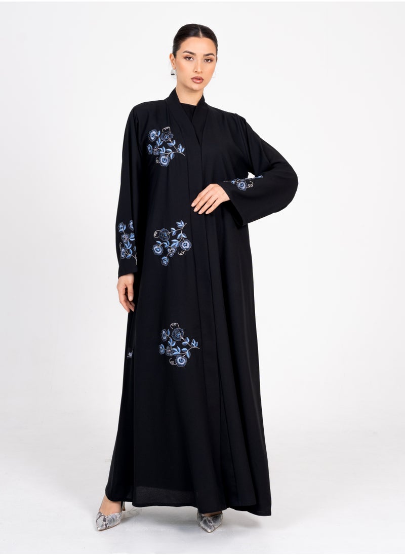 Rosette Abaya Embellished Abaya with Blue Flowers Embroidery  - Image 1