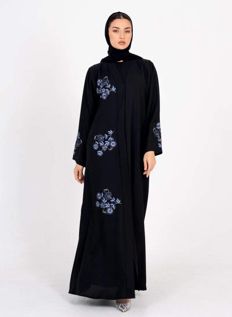 Rosette Abaya Embellished Abaya with Blue Flowers Embroidery