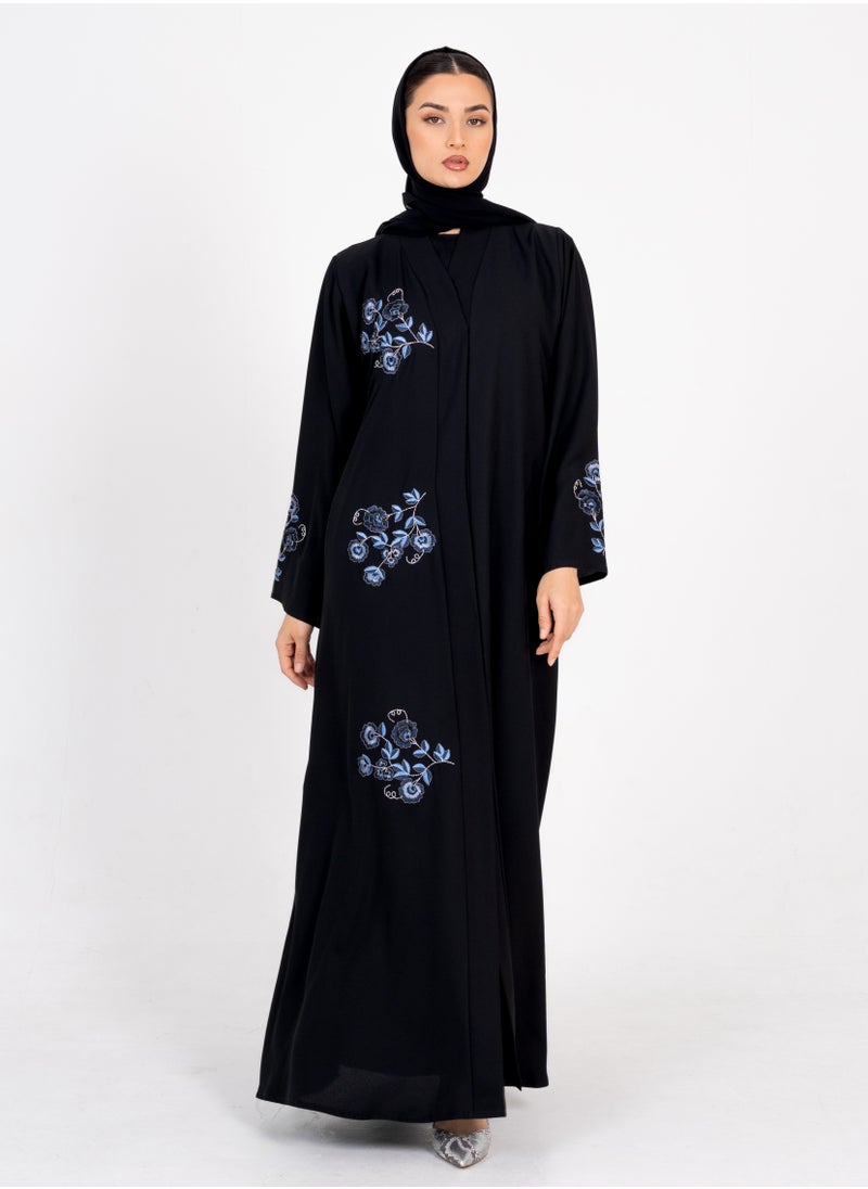 Rosette Abaya Embellished Abaya with Blue Flowers Embroidery  - Image 4