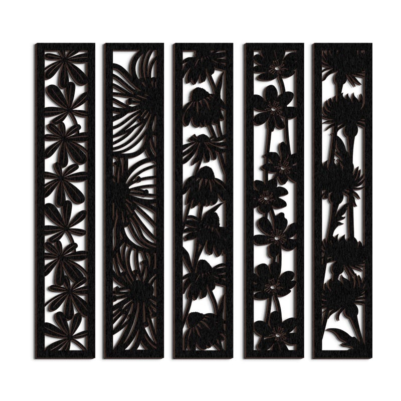 Blulu 5 Pieces Wooden Wall Art Hollow Wall Decor Wood Wall Accents Themed Wood Panels for Home Decorations Bedroom Living Room 157 x 29 x 02 Inch Black Floral - Image 2