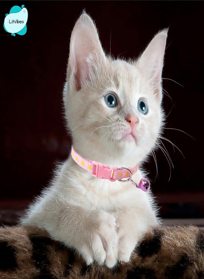 Litvibes Cat & Puppy Collar with Bell,Kitten & Small Dogs Soft Adjustable,Safe,Solid & Protective Breakaway for Cats & Puppies,Cute Kitty Neckband with Stars Print-(Pink) - Image 4