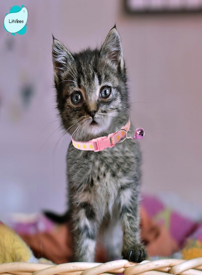 Litvibes Cat & Puppy Collar with Bell,Kitten & Small Dogs Soft Adjustable,Safe,Solid & Protective Breakaway for Cats & Puppies,Cute Kitty Neckband with Stars Print-(Pink) - Image 3