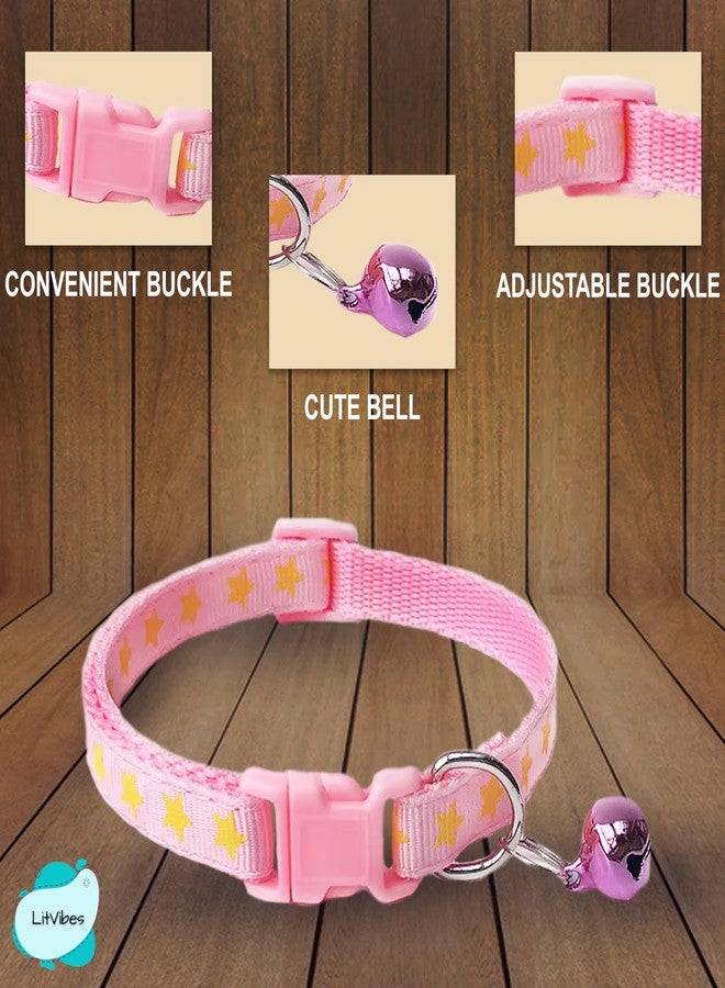 Litvibes Cat & Puppy Collar with Bell,Kitten & Small Dogs Soft Adjustable,Safe,Solid & Protective Breakaway for Cats & Puppies,Cute Kitty Neckband with Stars Print-(Pink) - Image 2