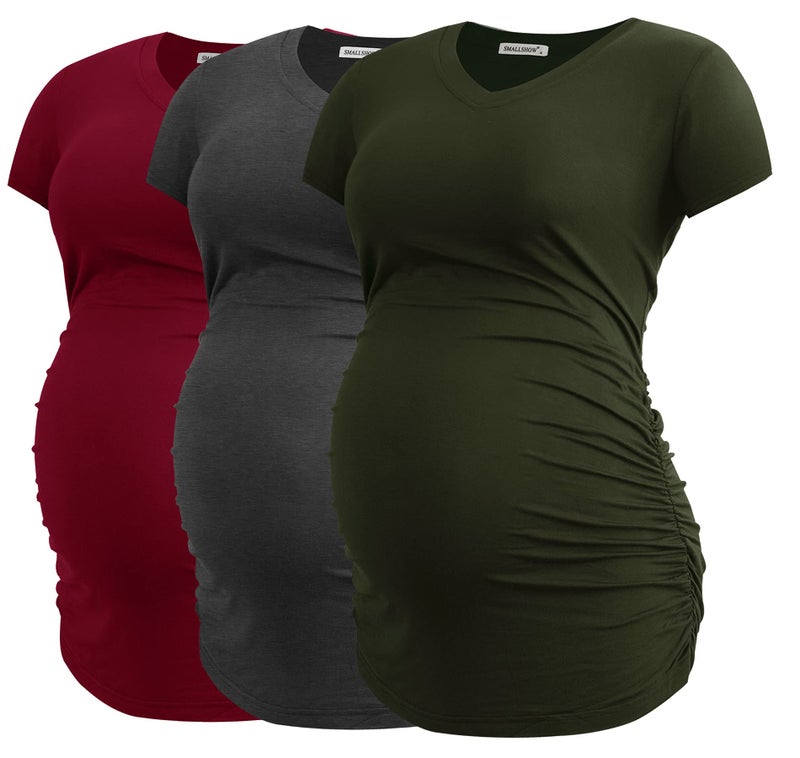Smallshow Women's V Neck Maternity Clothes Tops Side Ruched Pregnancy T Shirt Large Dim Grey-Army Green-Burgundy