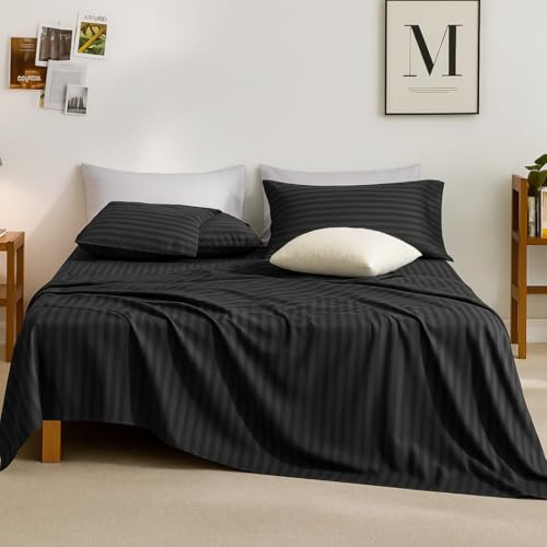 Sofrito Bed Sheet Glace Cotton Striped – 300 TC – Super King (108"x108") – with 2 Pillow Cover | Ideal for Hospitals, Clinics, Hostels, PGs, Hotels & Guest Houses | Black - Image 4