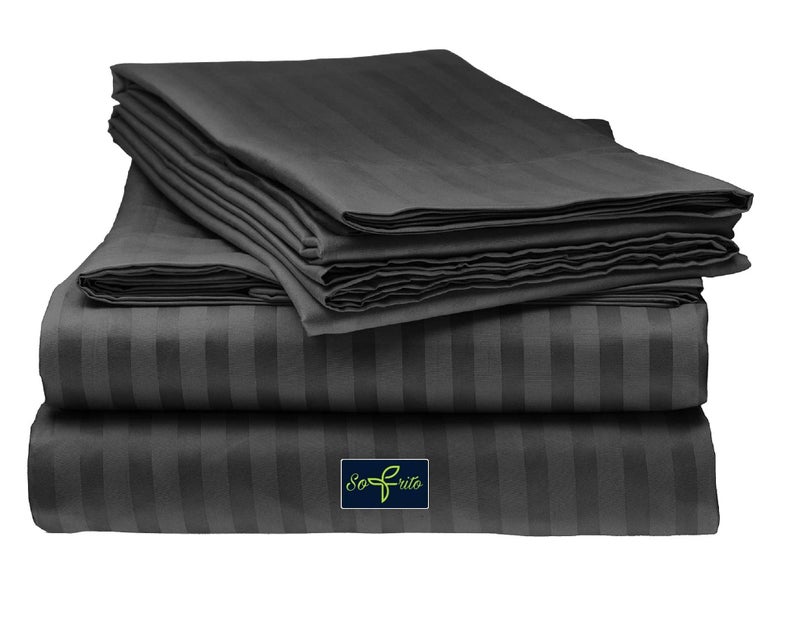 Sofrito Bed Sheet Glace Cotton Striped – 300 TC – Super King (108"x108") – with 2 Pillow Cover | Ideal for Hospitals, Clinics, Hostels, PGs, Hotels & Guest Houses | Black - Image 1