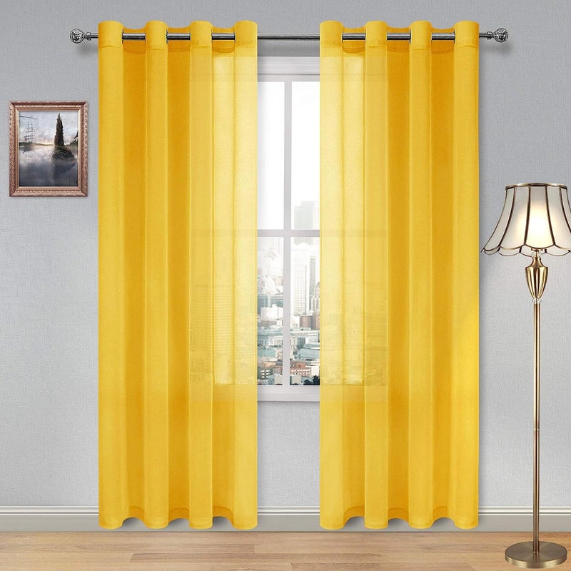 DWCN Yellow Faux Linen Sheer Curtains - Grommet Voile Window Curtain Drapes for Bedroom Living Room 52 x 84 inches Long, Set of 2 - Image 1