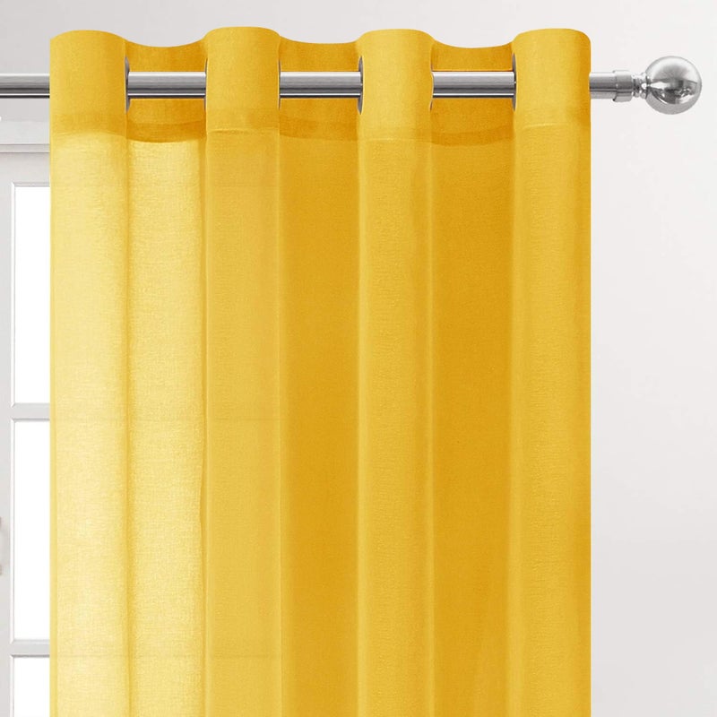 DWCN Yellow Faux Linen Sheer Curtains - Grommet Voile Window Curtain Drapes for Bedroom Living Room 52 x 84 inches Long, Set of 2 - Image 3