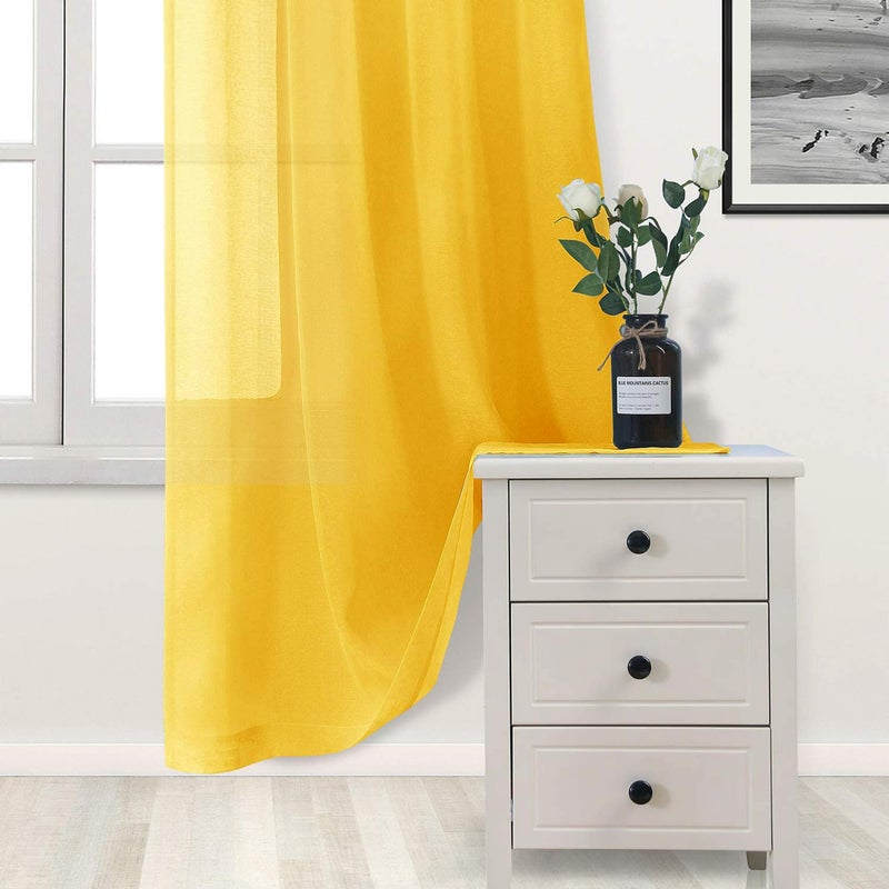 DWCN Yellow Faux Linen Sheer Curtains - Grommet Voile Window Curtain Drapes for Bedroom Living Room 52 x 84 inches Long, Set of 2 - Image 2