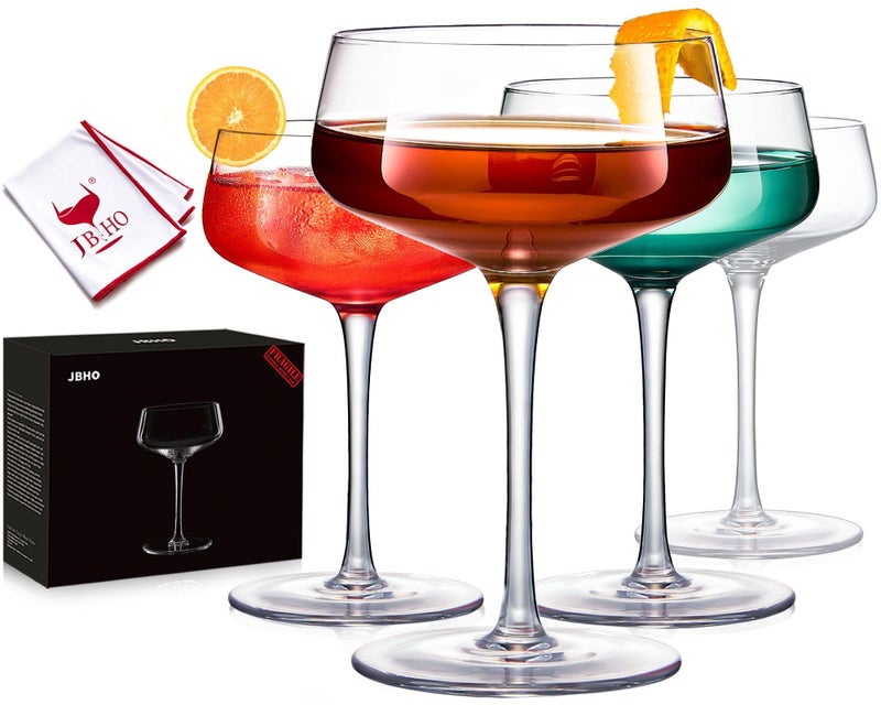JBHO Martini Glasses Crystal Coupe Glasses Set of 4 10 Oz Large and Fancy Cocktail Glasses HandBlown Champagne Coupe Glasses for Espresso Martini Manhattan as Bar Glassware or Mothers Day Gift
