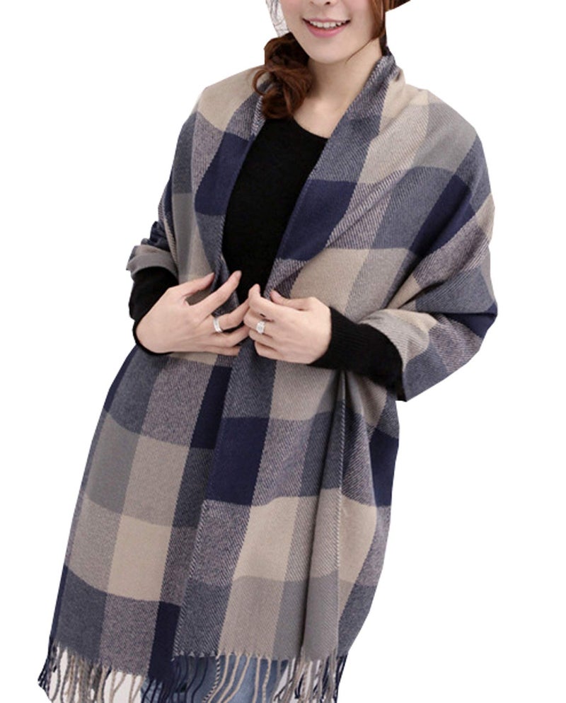 Wander Agio Women's Fashion Long Shawl Big Grid Winter Warm Large Scarf Grey - Image 1