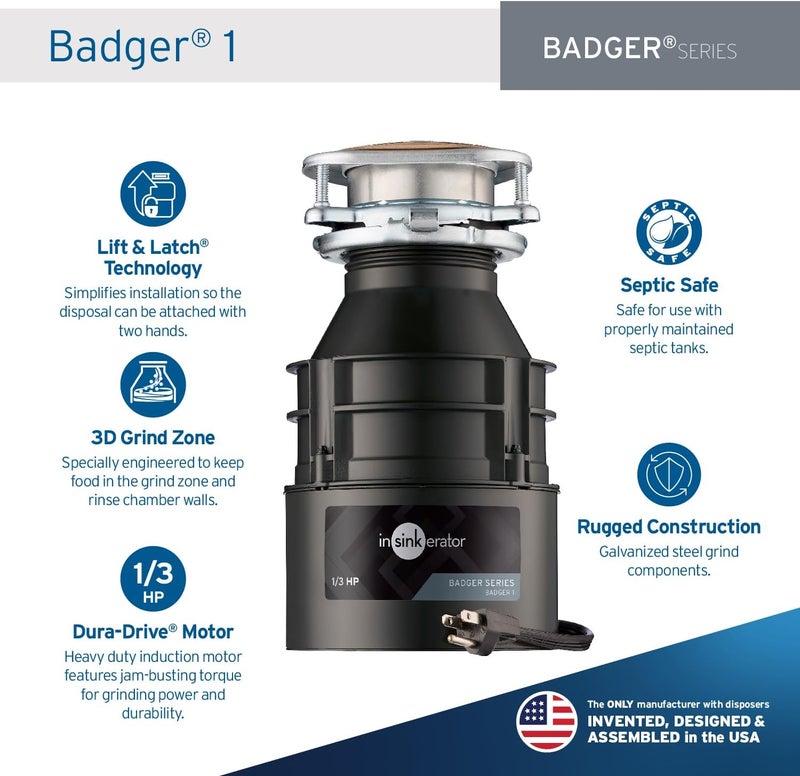 insinkerator Garbage Disposal with Power Cord, Badger 1, Standard Series, 1/3 HP Continuous Feed, Black - Image 1