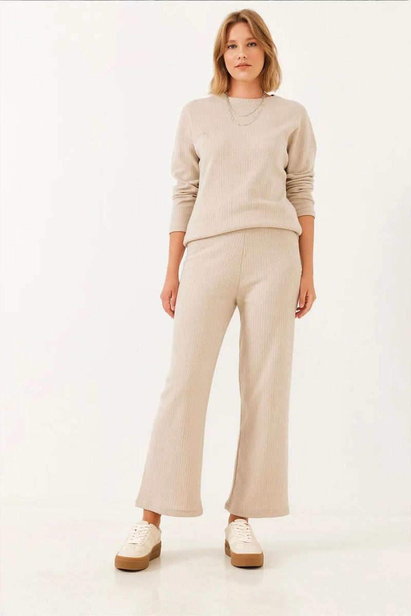Bianco Lucci LUCCI Ribbed Textured Crew Neck Sweater and Pants Set - Image 5