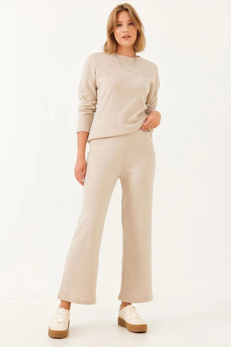 Bianco Lucci LUCCI Ribbed Textured Crew Neck Sweater and Pants Set - Image 1