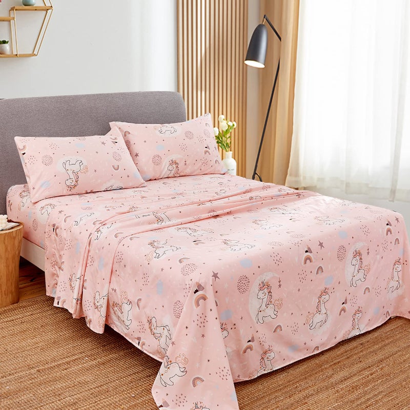 JSD Pink Unicorn Kids Sheet Set Twin Size, 3 Piece Girls Rainbow Printed Microfiber Bed Sheets Deep Pocket - Image 2