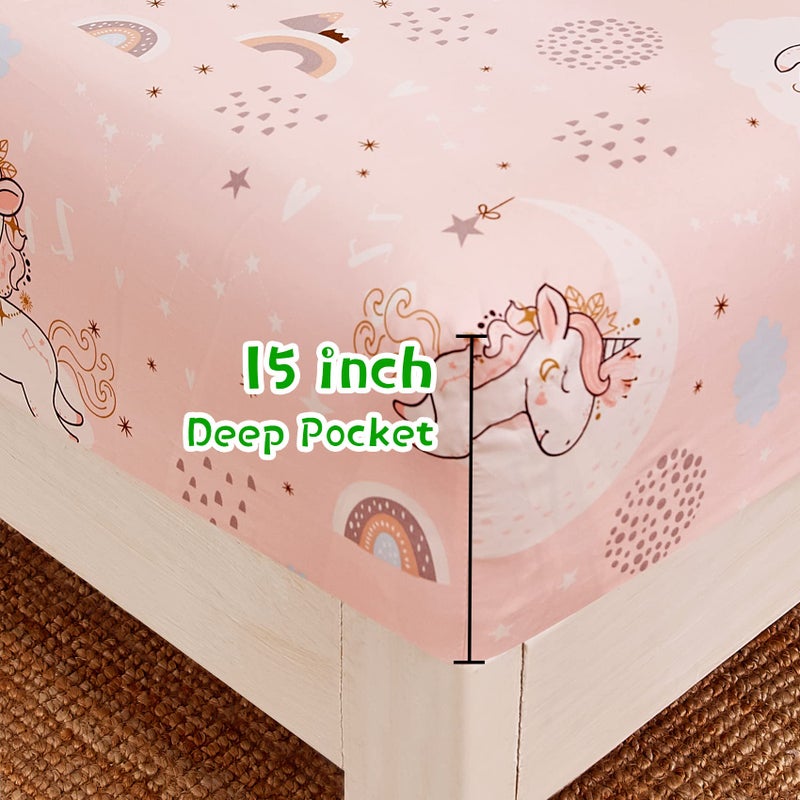 JSD Pink Unicorn Kids Sheet Set Twin Size, 3 Piece Girls Rainbow Printed Microfiber Bed Sheets Deep Pocket - Image 4