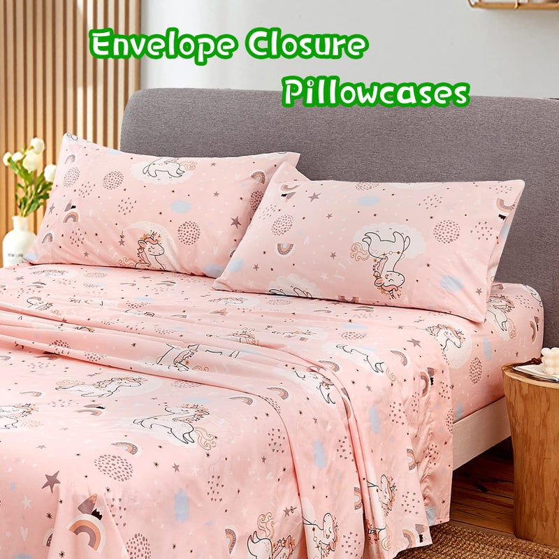 JSD Pink Unicorn Kids Sheet Set Twin Size, 3 Piece Girls Rainbow Printed Microfiber Bed Sheets Deep Pocket - Image 3
