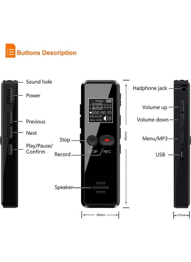 VOCXA - Digital Voice Activated Recorder Dictaphone Long Distance Audio Recording MP3 Player Noise Reduction WAV Record , 128GB - Image 1