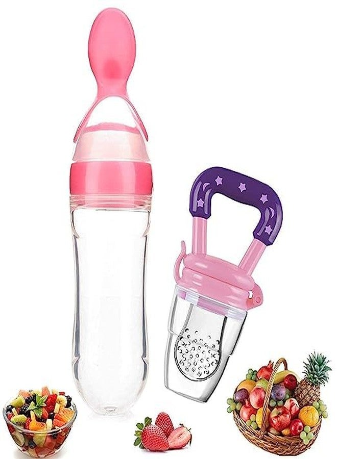 TrifleArte Combo of Feeding Bottle with Spoon & Fruit Feeder Pacifier | Food Feeder with Rattle & Spoon | Spoon Squeeze Feeder | Silicone Baby Feeding Spoon | Pink Color - Image 1
