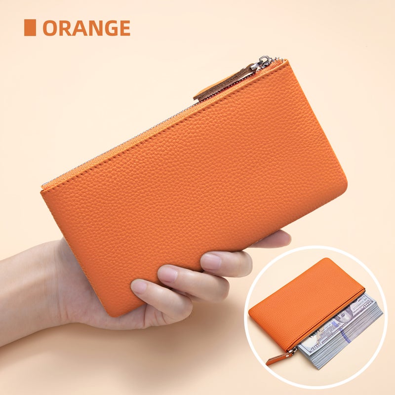 banyanu Portable genuine leather zippered coin purse, mini coin purse for women, can hold credit cards, folded banknotes, ID card, keys, earphones, lipstick, etc. (Orange) - Image 1