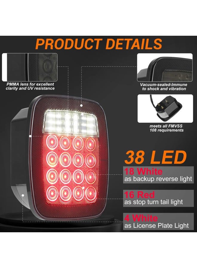 CMVT Auto Brake Tail Lights Lamps Assembly for 1976-2006 Jeep Wrangler YJ TJ CJ, Smoked Square Combination Flatbed Trucks Turn Taillights, w/Backup Reverse License Rear Lights for Trailer Boat RV 12V 38LED - Image 2