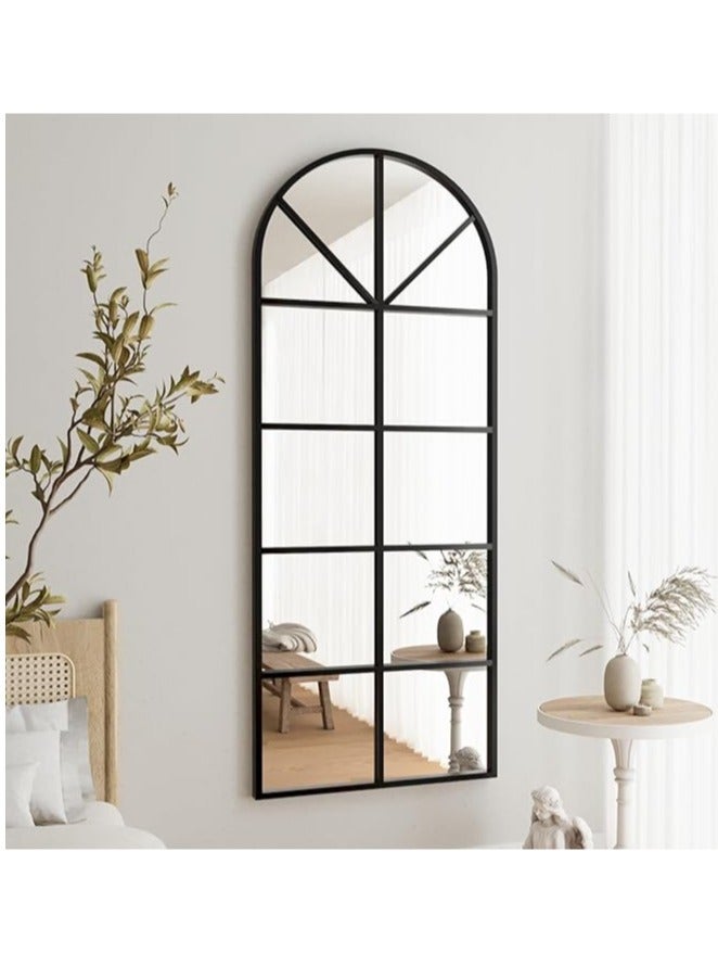 65x22" Arched Full Length Mirror, Windowpane Design, Metal Frame, Decorative Wall Mirror, Wall Mounted or Leaning Standing Mirror, Black Windowpane Mirror, Modern Accent Mirror for Living Room, Bedroom, Hallway, Entryway, Full-Length Floor Mirror, Stylish Home Décor, 165x55 cm